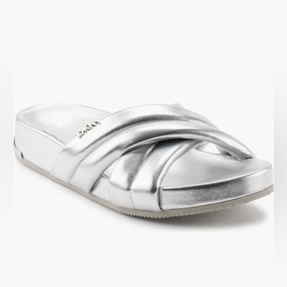 New without the tags DKNY  Crisscross Strap Slide Sandal silver size 6.5 - Picture 1 of 13